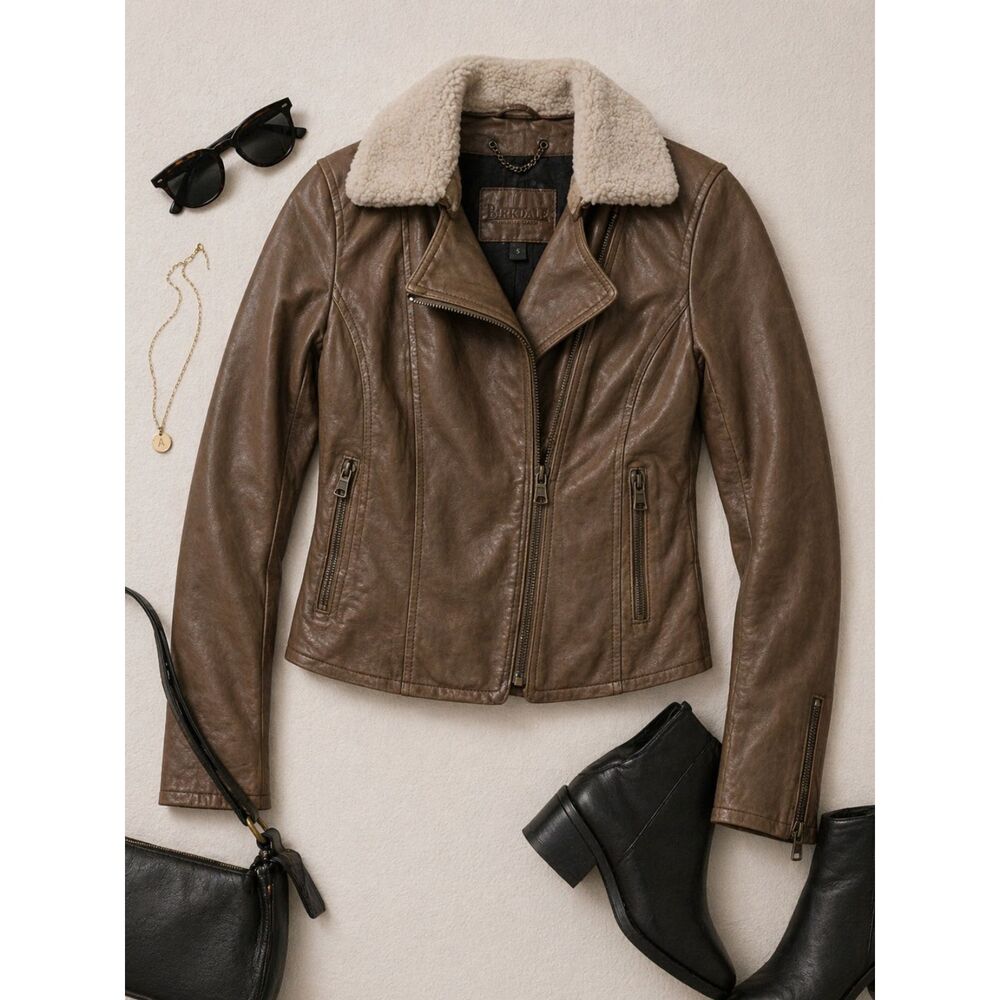 Banana Republic Distressed Tan Leather Moto Jacket Womens Small Removable Collar